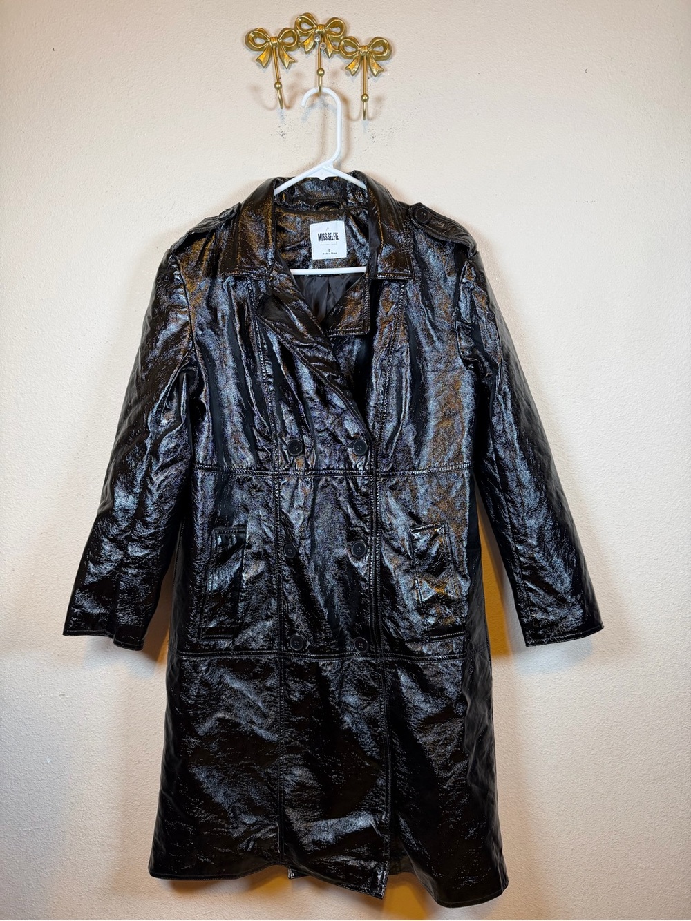 Miss Selfie Glossy Black Double Breasted Patent Trench Coat. Size S